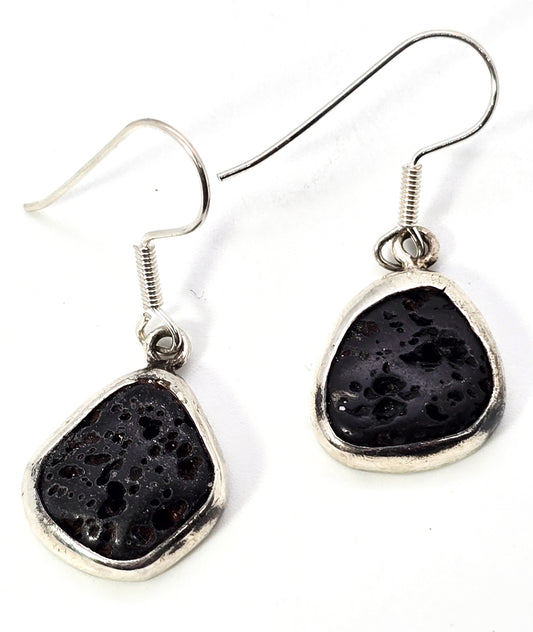 Black Lava stone thick solid sterling silver gemstone drop earrings