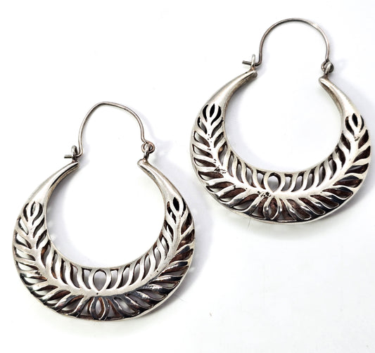 Crescent hoop open work pierced sterling silver large 2 inch holloware earrings TH