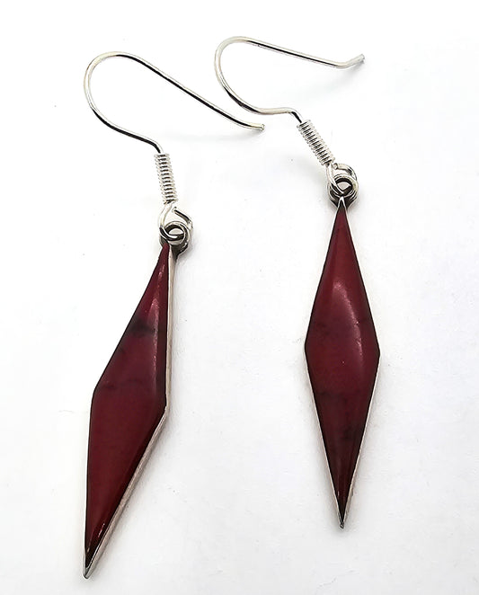 Red Jasper gemstone long drop thin sterling silver Mexican vintage earrings