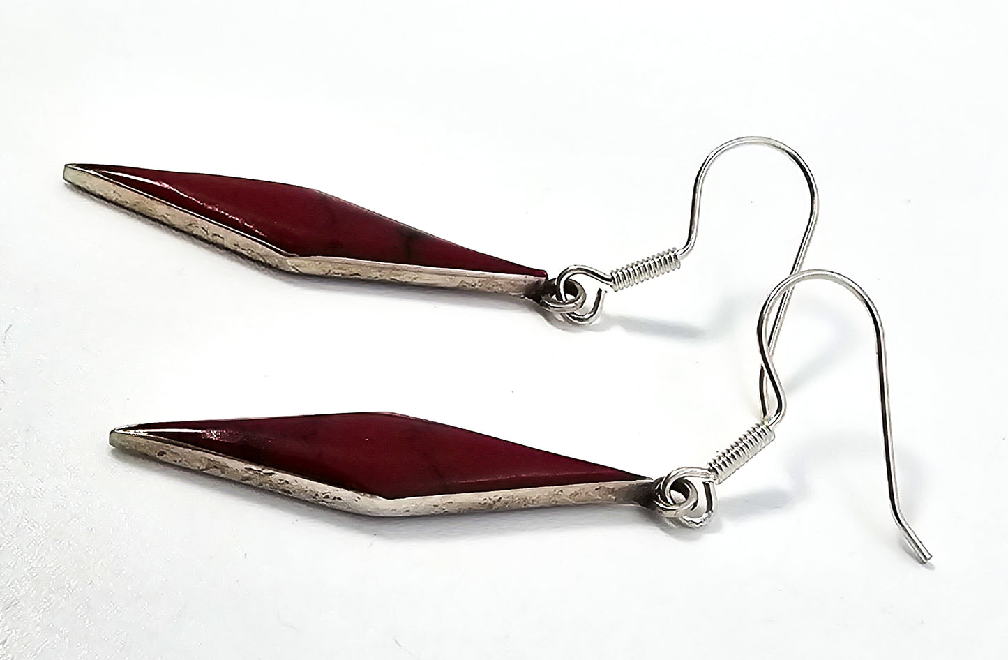 Red Jasper gemstone long drop thin sterling silver Mexican vintage earrings