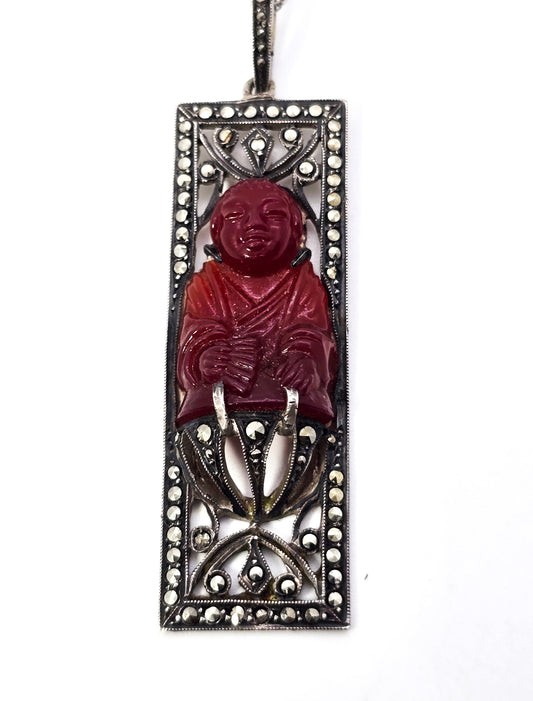 Art Deco Red Coral Buddha marcasite French sterling silver antique pendant necklace