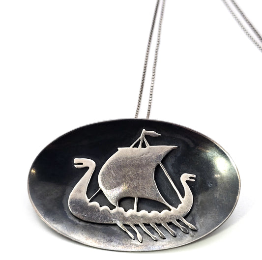 Viking Ship Norwegian antique large sterling silver pendant necklace