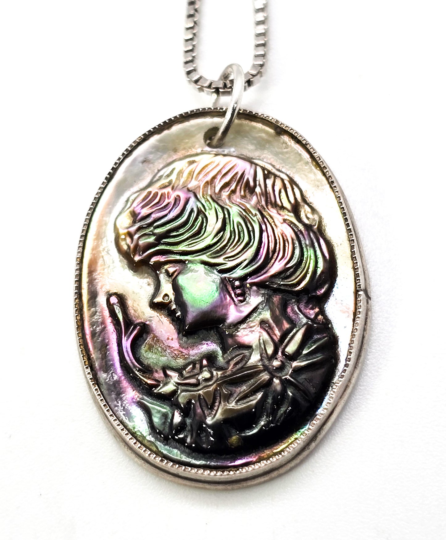 Cameo Mother of Pearl MOP carved shell sterling silver pendant necklace