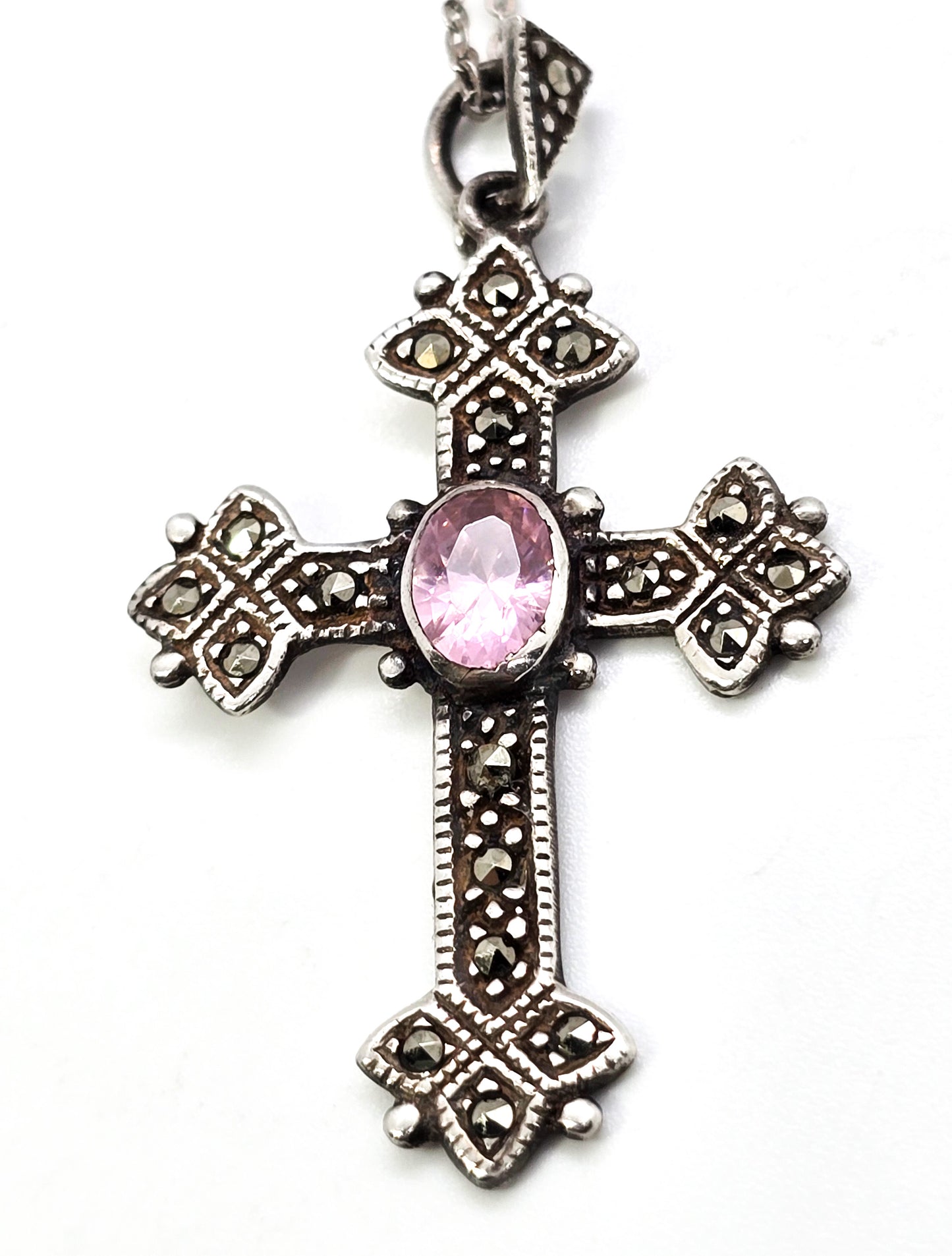 Marcasite and pink cubic zirconia cross CZ sterling silver pendant necklace Th