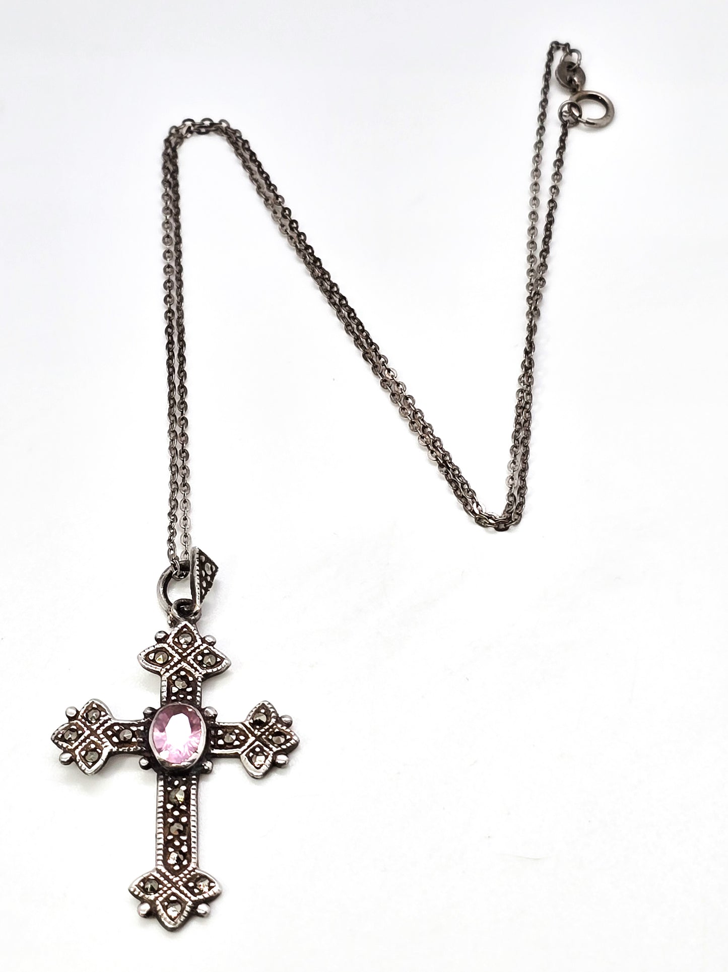 Marcasite and pink cubic zirconia cross CZ sterling silver pendant necklace Th