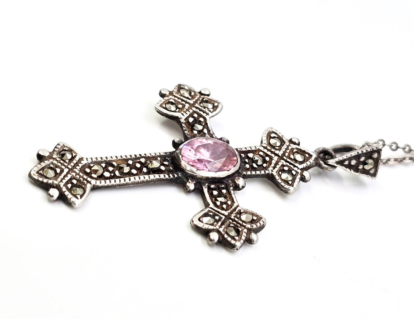 Marcasite and pink cubic zirconia cross CZ sterling silver pendant necklace Th