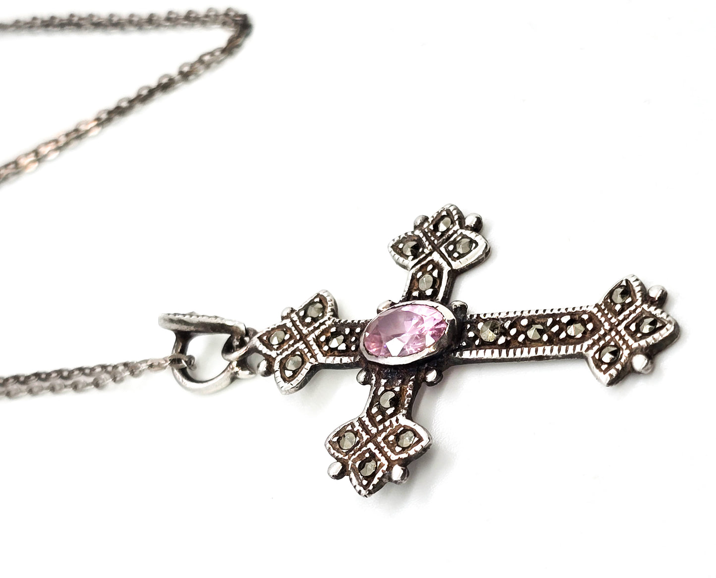 Marcasite and pink cubic zirconia cross CZ sterling silver pendant necklace Th