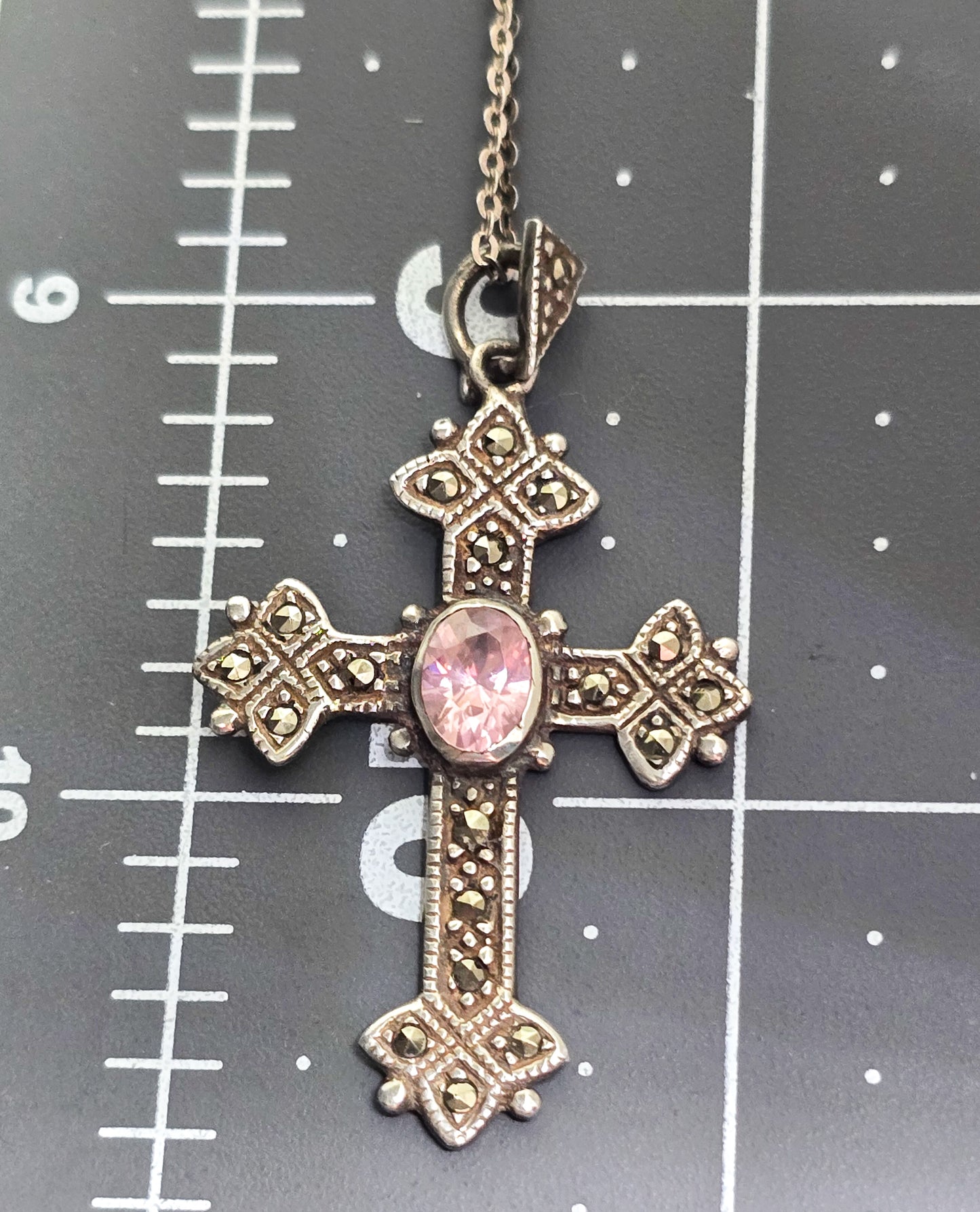 Marcasite and pink cubic zirconia cross CZ sterling silver pendant necklace Th