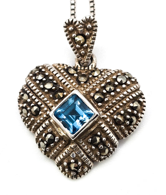 Blue Topaz princess cut marcasite heart sterling silver vintage pendant necklace