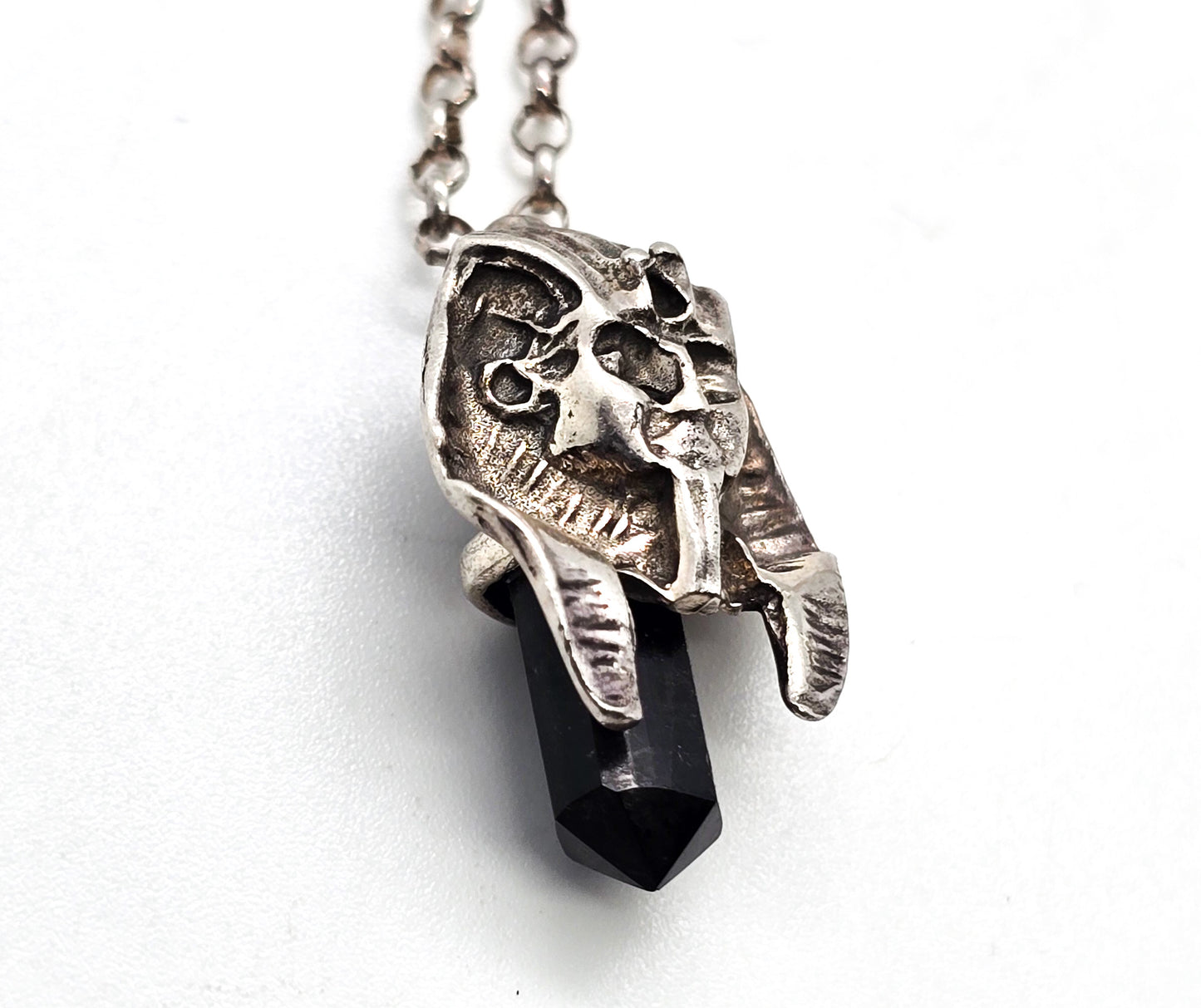 King Tut black onyx terminated gemstone sterling silver Egyptian revival pendant necklace