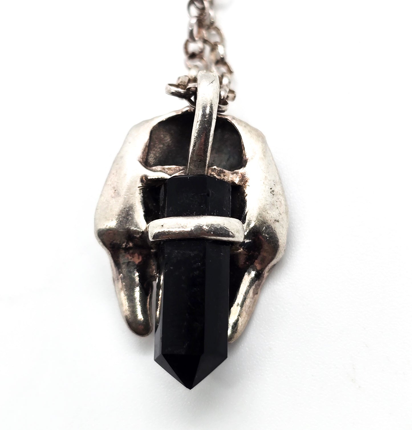 King Tut black onyx terminated gemstone sterling silver Egyptian revival pendant necklace