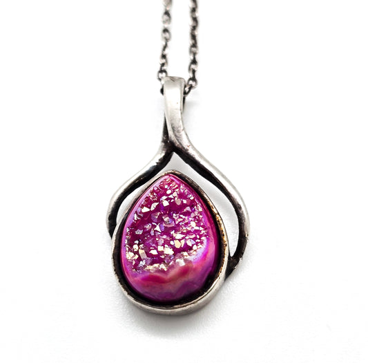 Pink titanium Druzy Sajen India signed vintage sterling silver pendant necklace