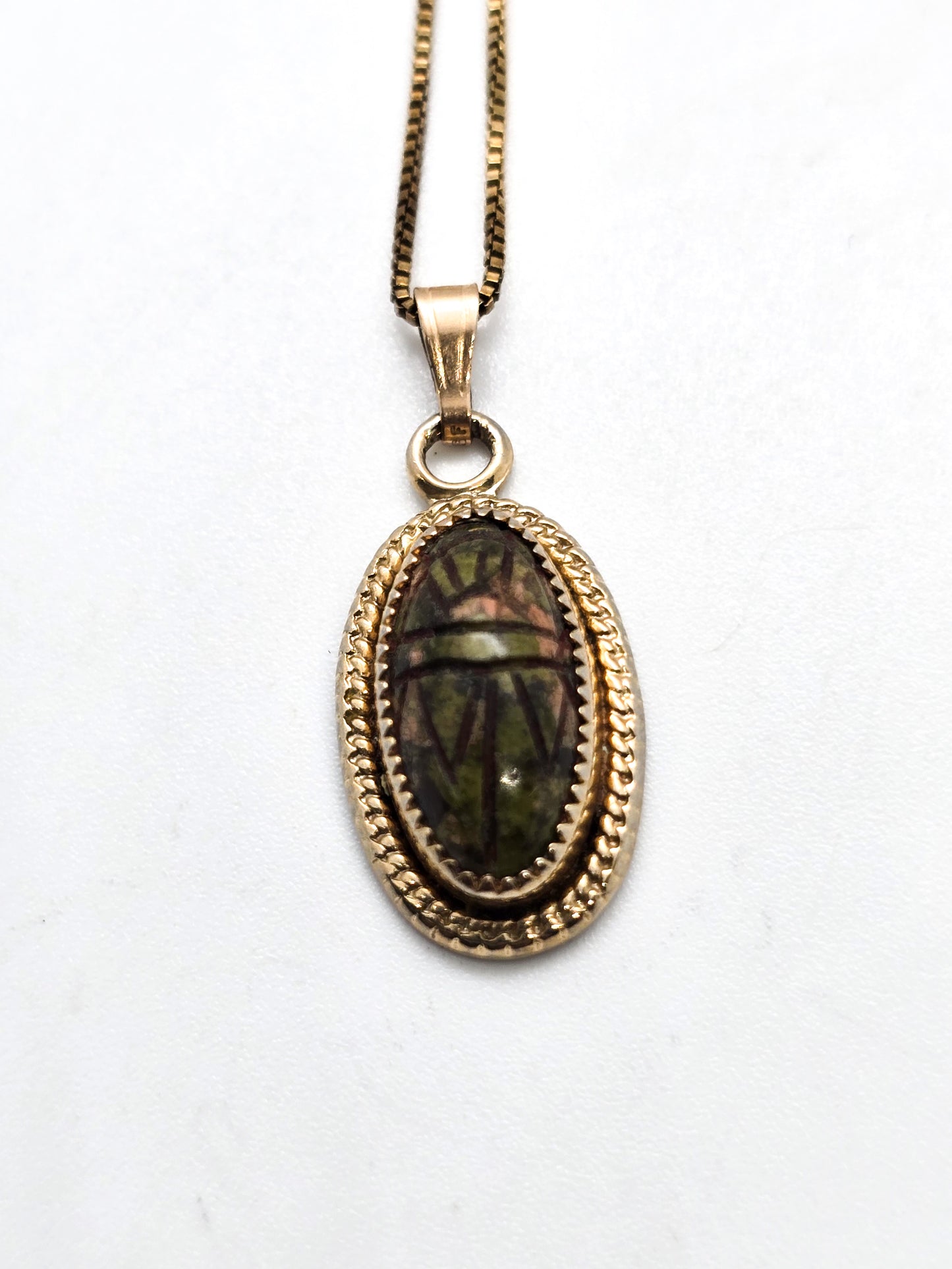 Unakite Jasper 12k gold filled carved scarab Egyptian Revival sterling silver necklace