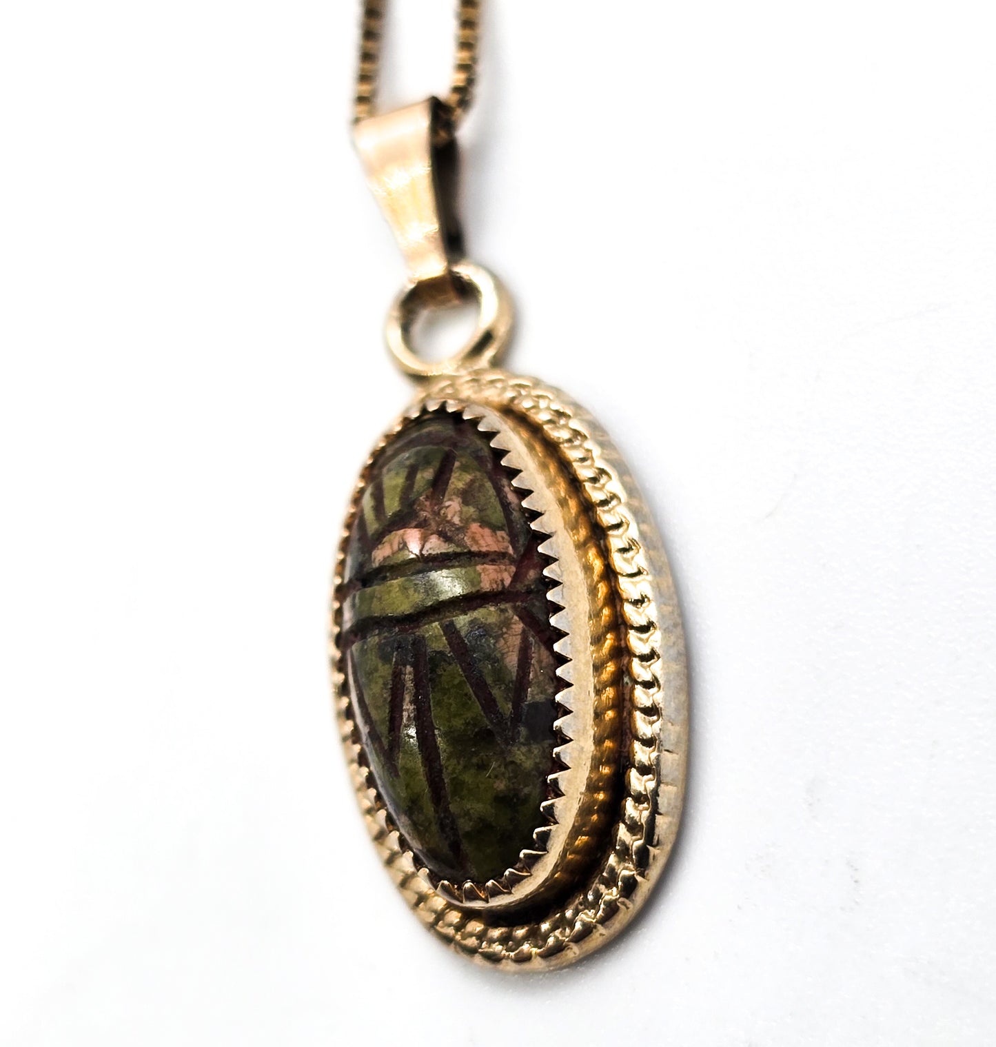 Unakite Jasper 12k gold filled carved scarab Egyptian Revival sterling silver necklace