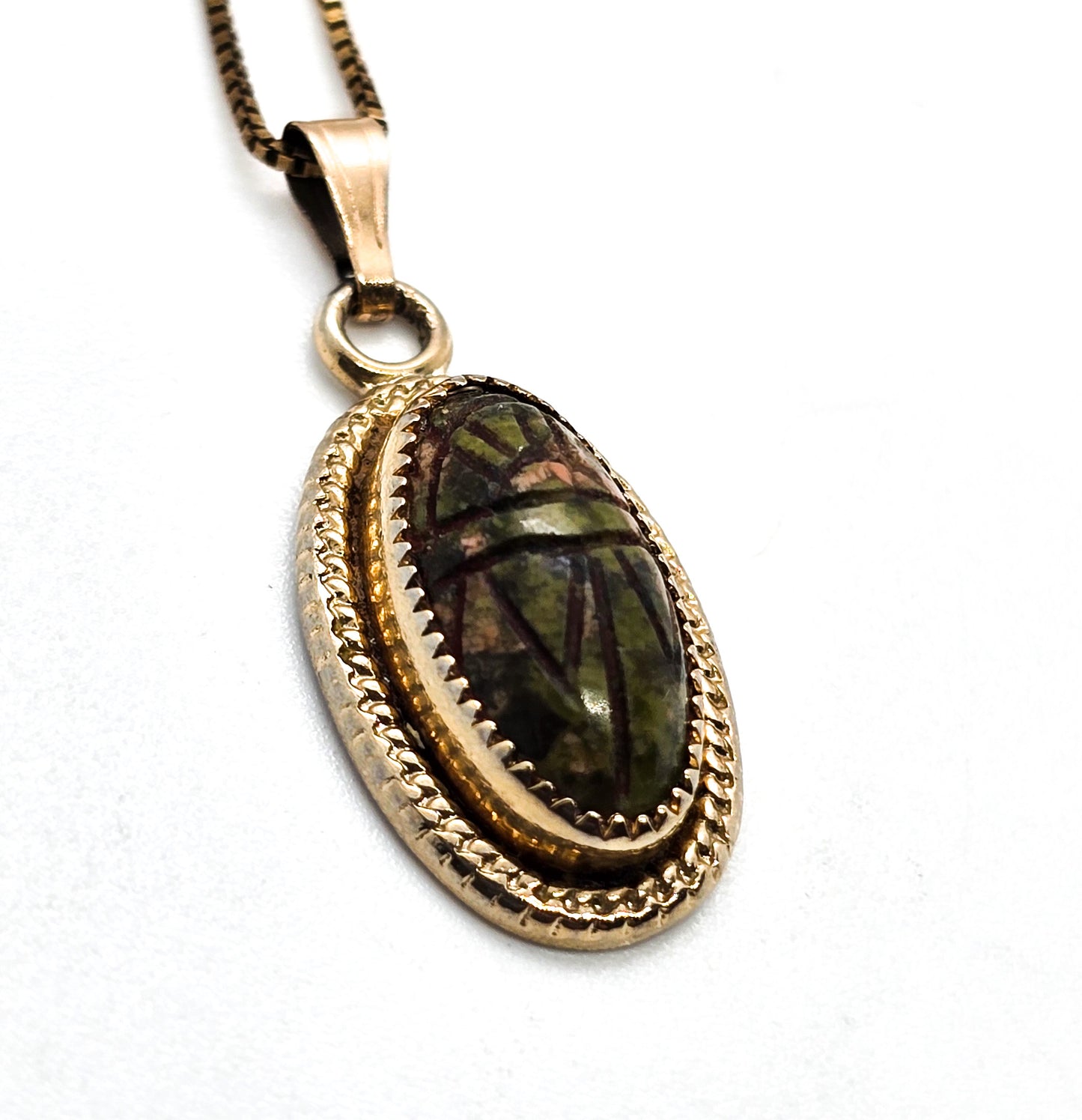 Unakite Jasper 12k gold filled carved scarab Egyptian Revival sterling silver necklace