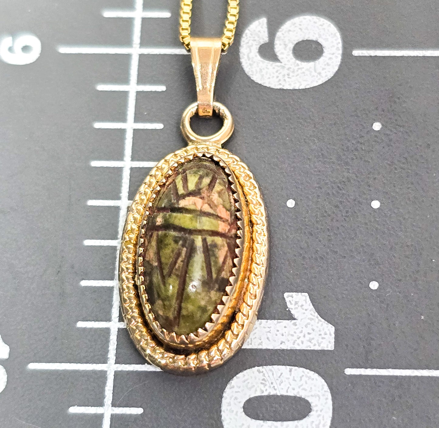 Unakite Jasper 12k gold filled carved scarab Egyptian Revival sterling silver necklace