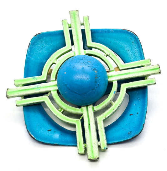 Aqua blue and green retro mod abstract mid century enamel tin pin brooch