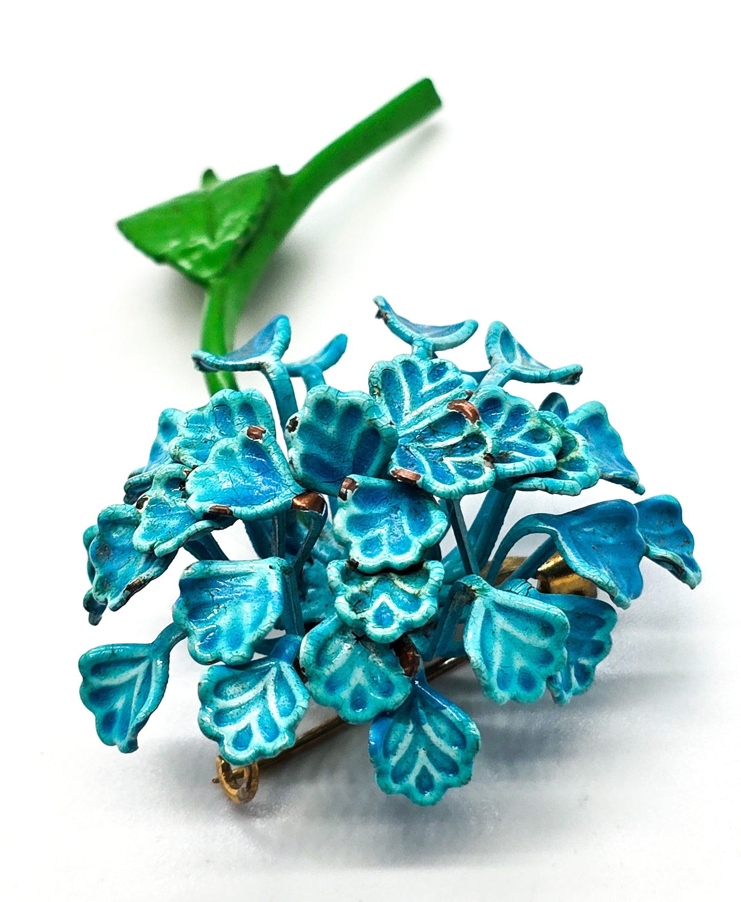 Blue vintage retro enamel flower tin pin flower bouquet mid century brooch