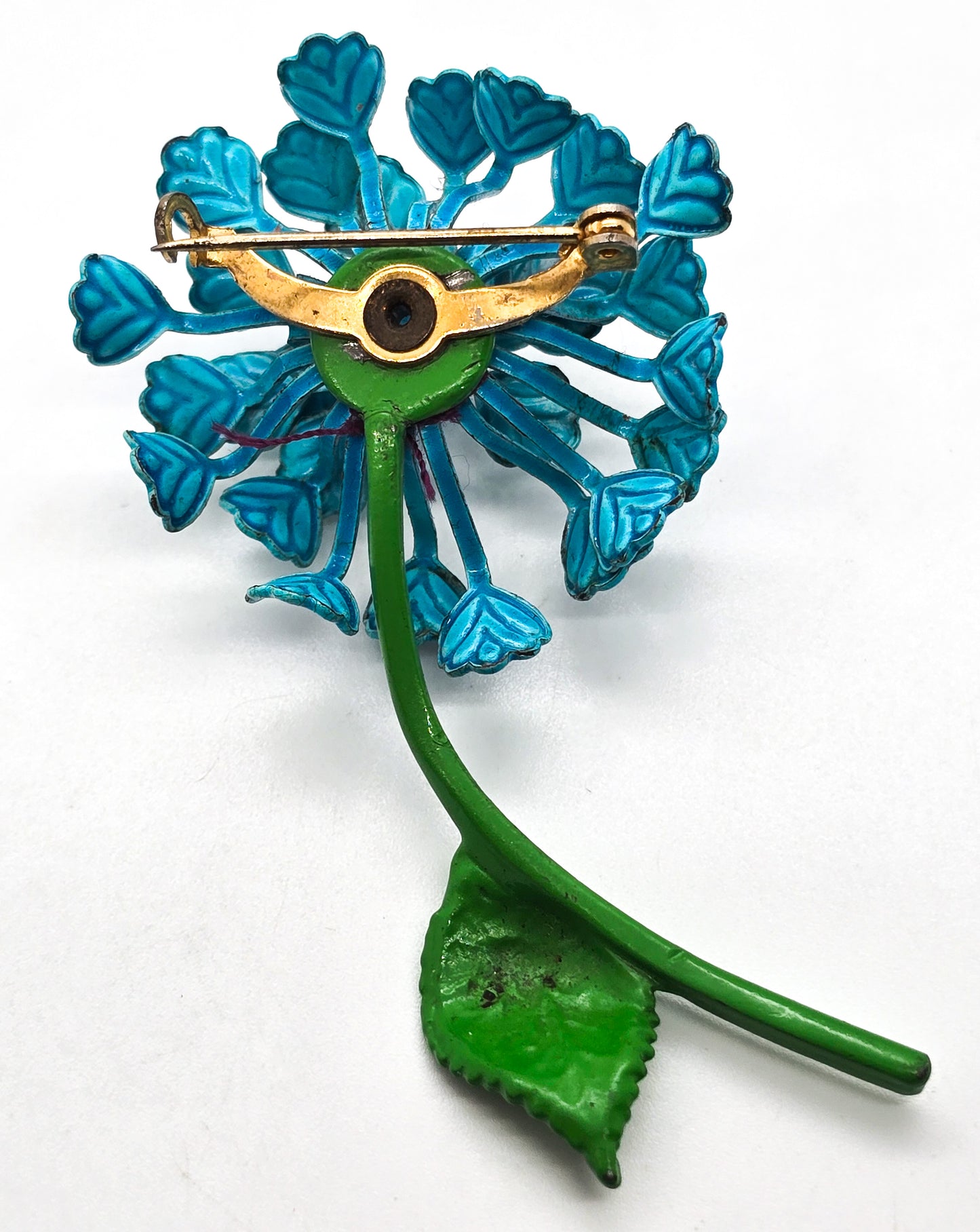 Blue vintage retro enamel flower tin pin flower bouquet mid century brooch