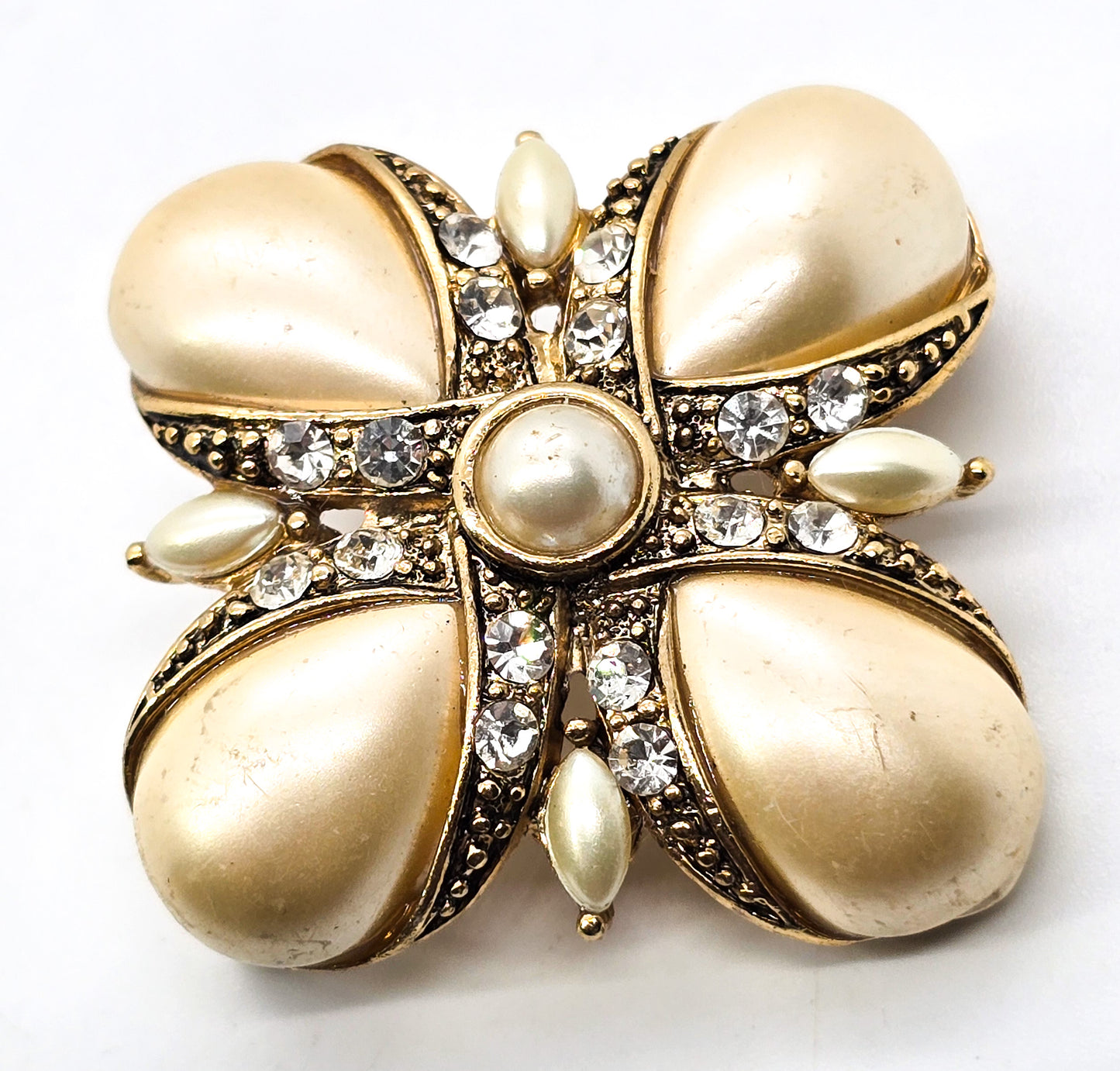 Monet Maltese cross faux pearl and rhinestone signed gold toned brooch