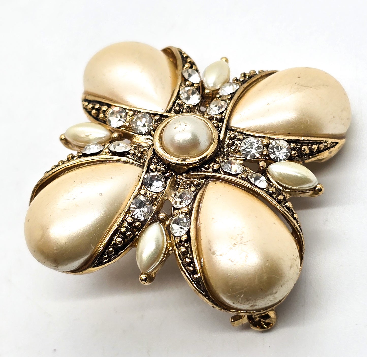 Monet Maltese cross faux pearl and rhinestone signed gold toned brooch