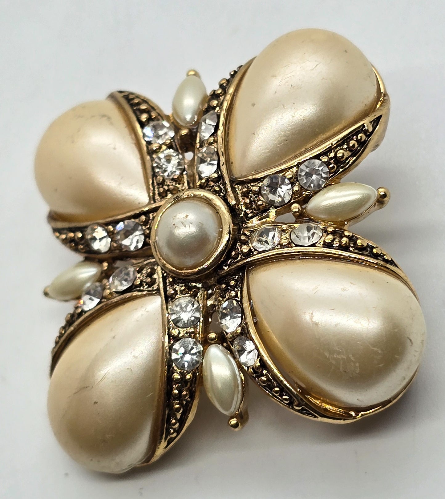 Monet Maltese cross faux pearl and rhinestone signed gold toned brooch