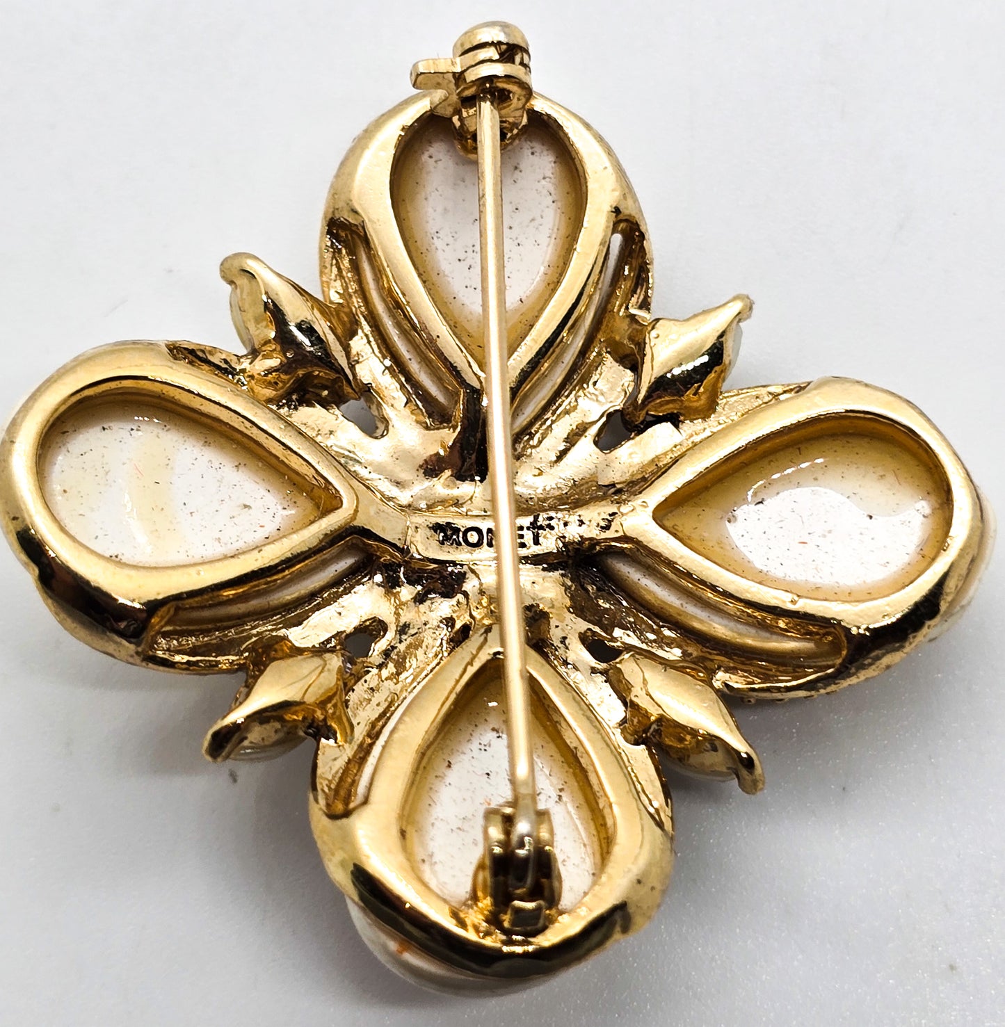 Monet Maltese cross faux pearl and rhinestone signed gold toned brooch