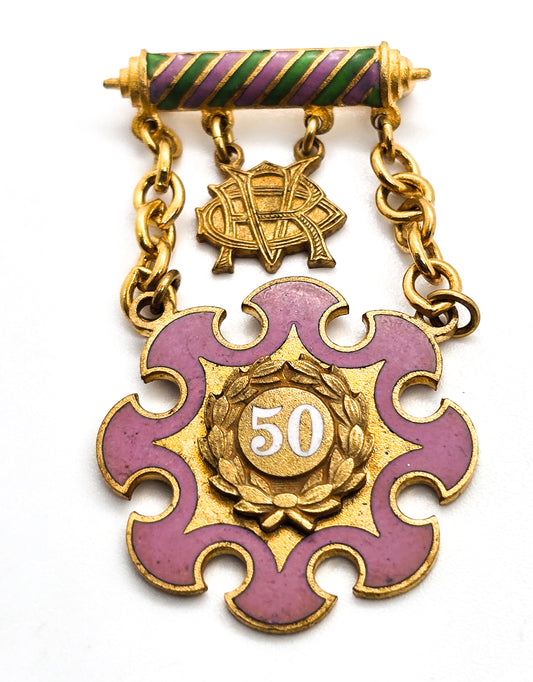 Daughters of Rebekah 50 year fraternal gold filled enamel pink and green lapel pin brooch