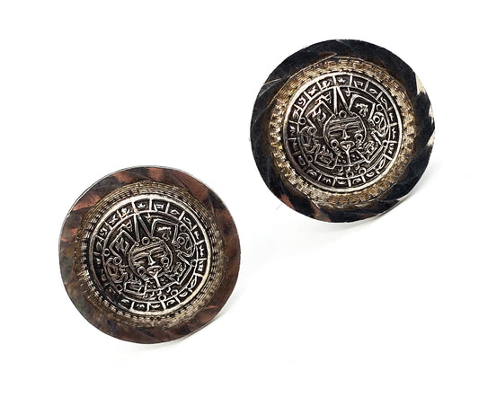 Aztec calendar face vintage Taxco Mexican sterling silver eagle28 mark cufflinks