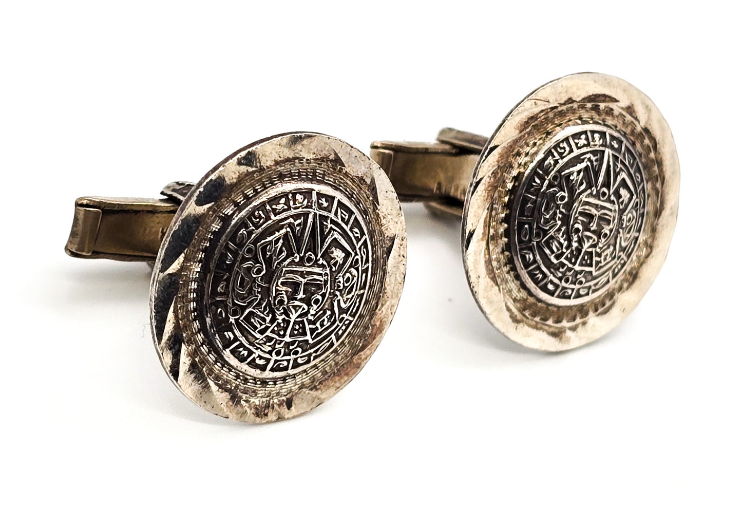 Aztec calendar face vintage Taxco Mexican sterling silver eagle28 mark cufflinks