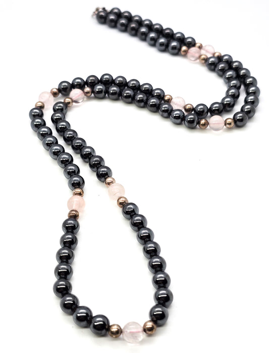 Hematite and Rose Quartz sterling silver long beaded 24 inch necklace