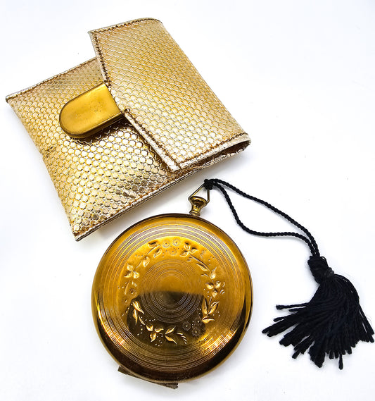 Zell Fifth Avenue gold tones vintage mirror powder compact with tassel mesh case