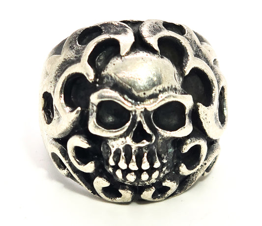 Thick Skull tribal flames retro biker solid sterling silver memento mori ring size 10.5
