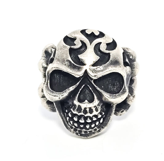 Thick Skull tribal flame cross bones retro biker sterling silver goth ring size 10.5
