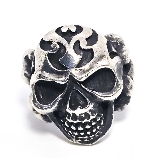 Thick Skull tribal flame cross bones retro biker sterling silver goth ring size 10 B