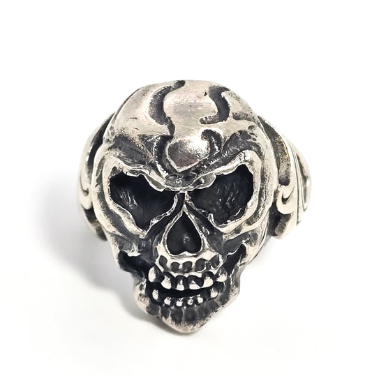 Thick Skull retro biker solid sterling silver tribal fire memento mori goth ring size 10.5