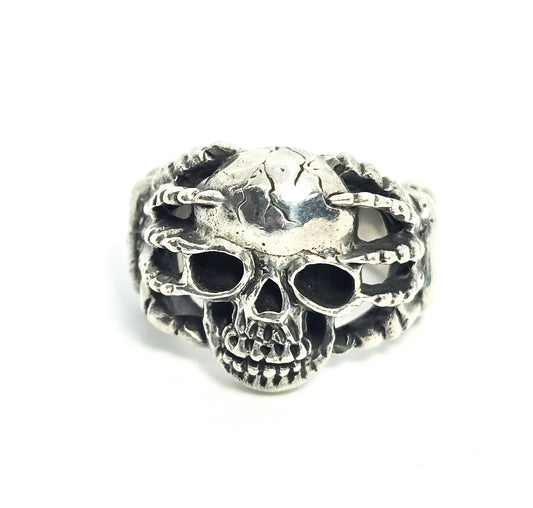 Under Pressure skull in hands bone sterling silver retro biker ring size 8