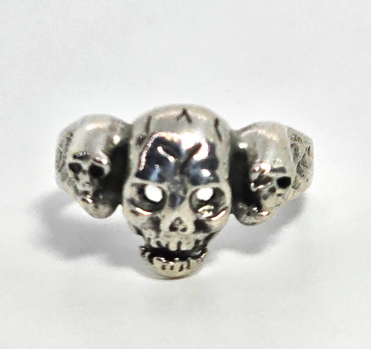 Triple skull head vintage solid sterling silver retro biker gothic ring size 7