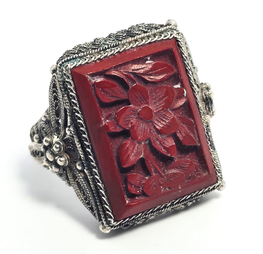 Cinnabar Chinese Export vintage sterling silver spun silver adjustable ring size 9