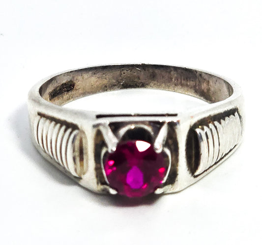 Synthetic Pink Sapphire Lind vintage retro silver plated ring size 13