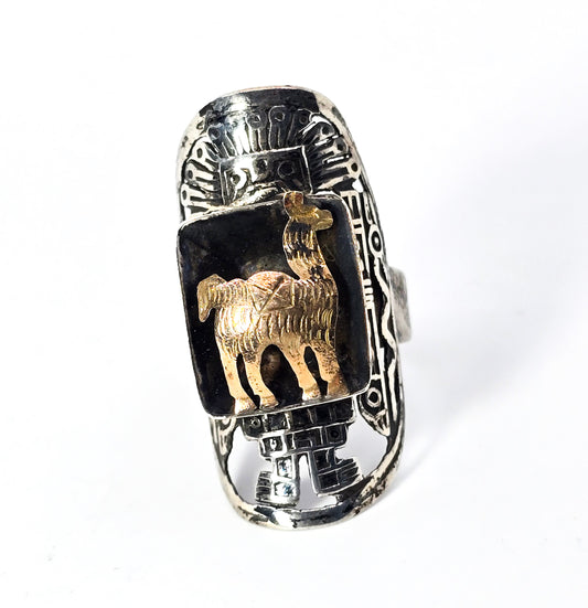 Peruvian 18k gold llama sterling silver vintage Incan Native adjustable ring size 10