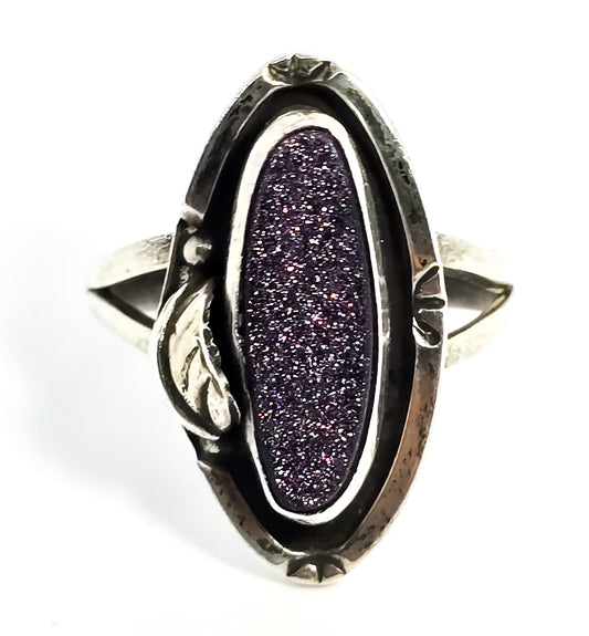 Blue Goldstone GFIS signed Mexico Native vintage sterling silver ring size 10.5