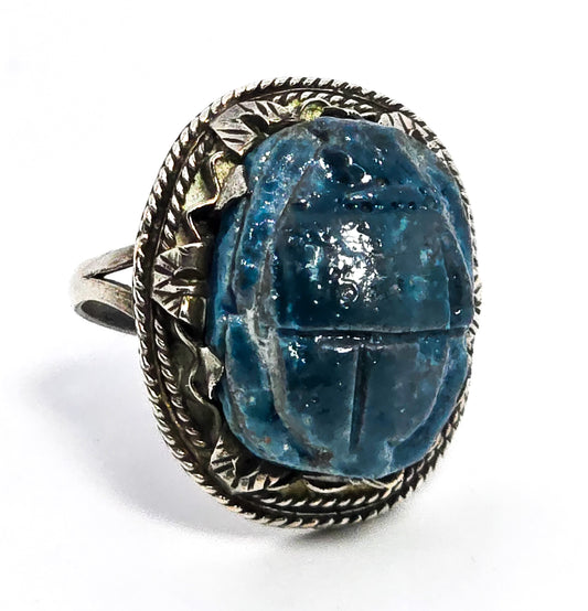 Egyptian Faience Blue Winged Scarab Beetle Egyptian Revival Sterling Silver Ring size 6.5