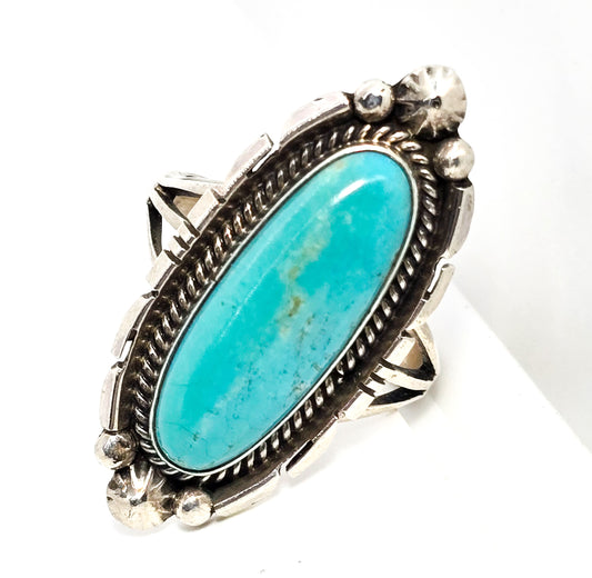 Bennie Bowekaty Zuni large turquoise vintage Native American sterling silver ring size 9