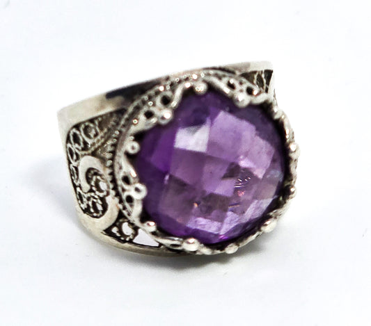 DGS Turkey faceted cushion cut amethyst open work filigree sterling silver ring size 6