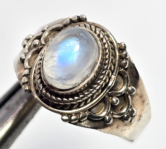 Blue moonstone tribal Bali Balinese style lotus flower vintage sterling silver ring size 9