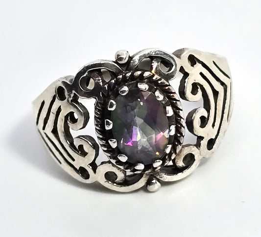 Mystic Topaz rainbow gemstone tribal open work sterling silver ring size 6.5