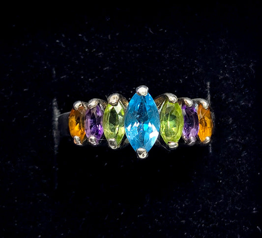 CNA mutli gemstone topaz, peridot, amethyst and citrine marquis sterling silver ring size 7