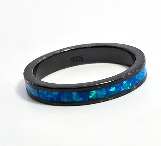 Blue fire opal Black Rhodium sterling silver inlay ring band size 6