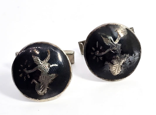 Siam Neillioware black enamel Mekkala goddess vintage sterling silver cufflinks